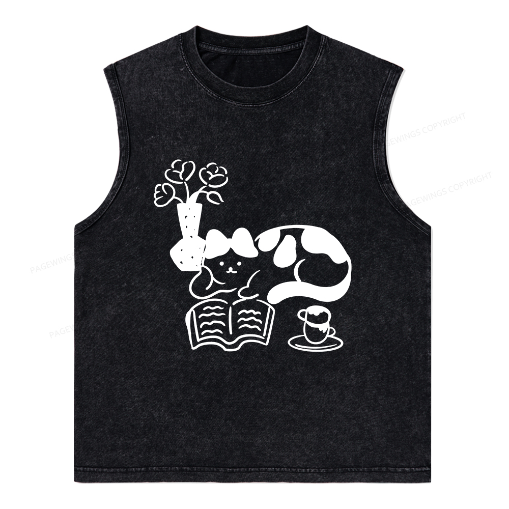 Pagewings The Cat Who Loves Reading Unisex Washed Tank Top
