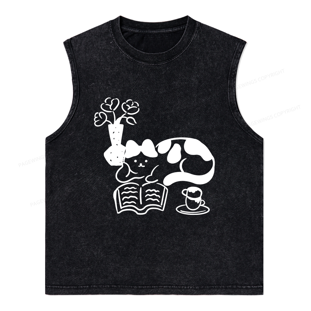 Pagewings The Cat Who Loves Reading Unisex Washed Tank Top