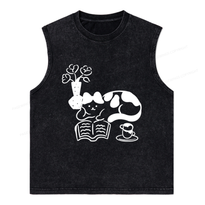 Pagewings The Cat Who Loves Reading Unisex Washed Tank Top