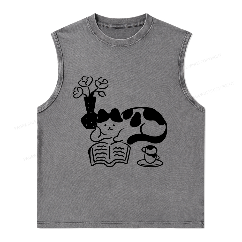 Pagewings The Cat Who Loves Reading Unisex Washed Tank Top