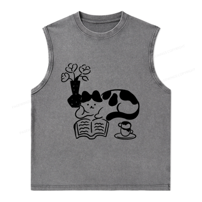 Pagewings The Cat Who Loves Reading Unisex Washed Tank Top