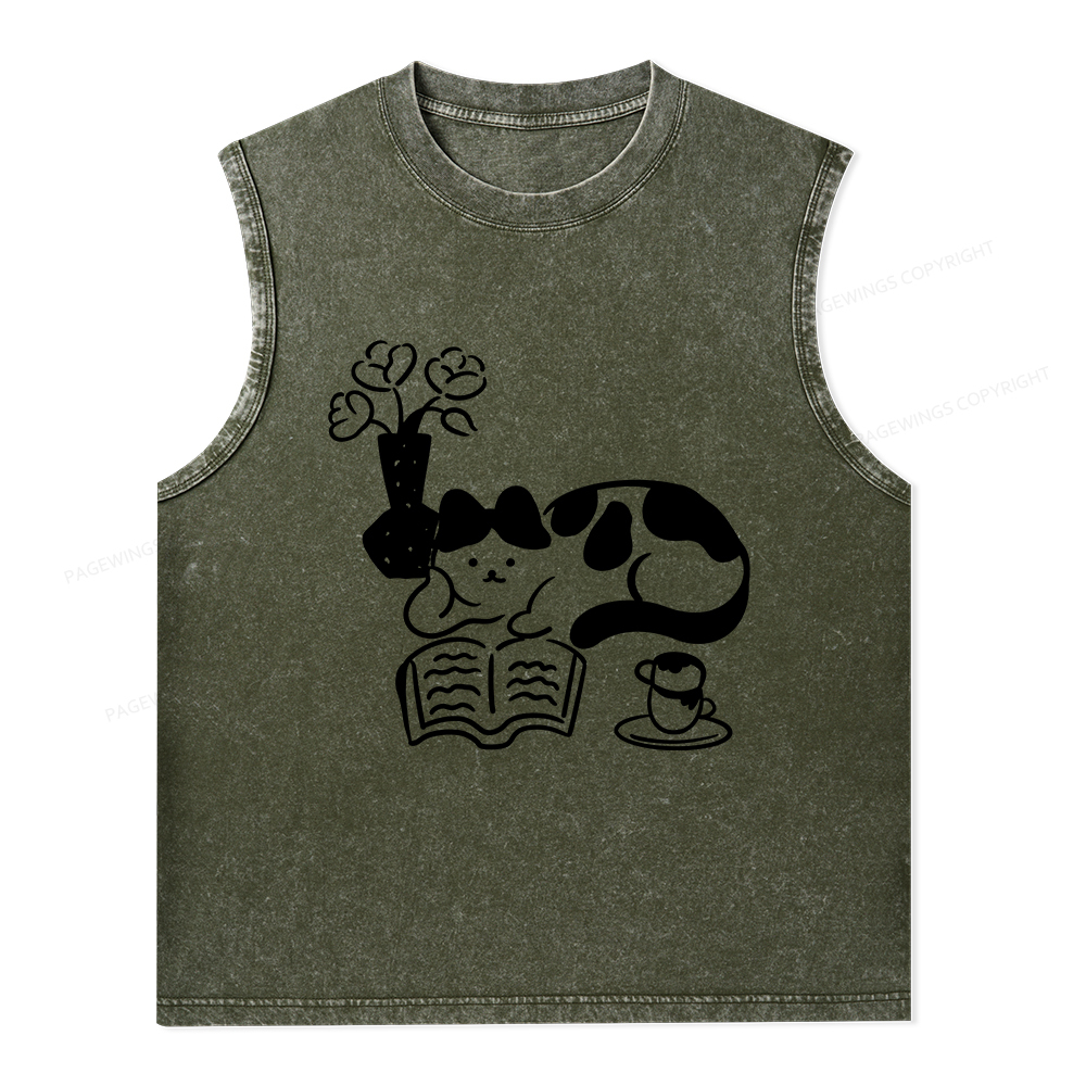 Pagewings The Cat Who Loves Reading Unisex Washed Tank Top