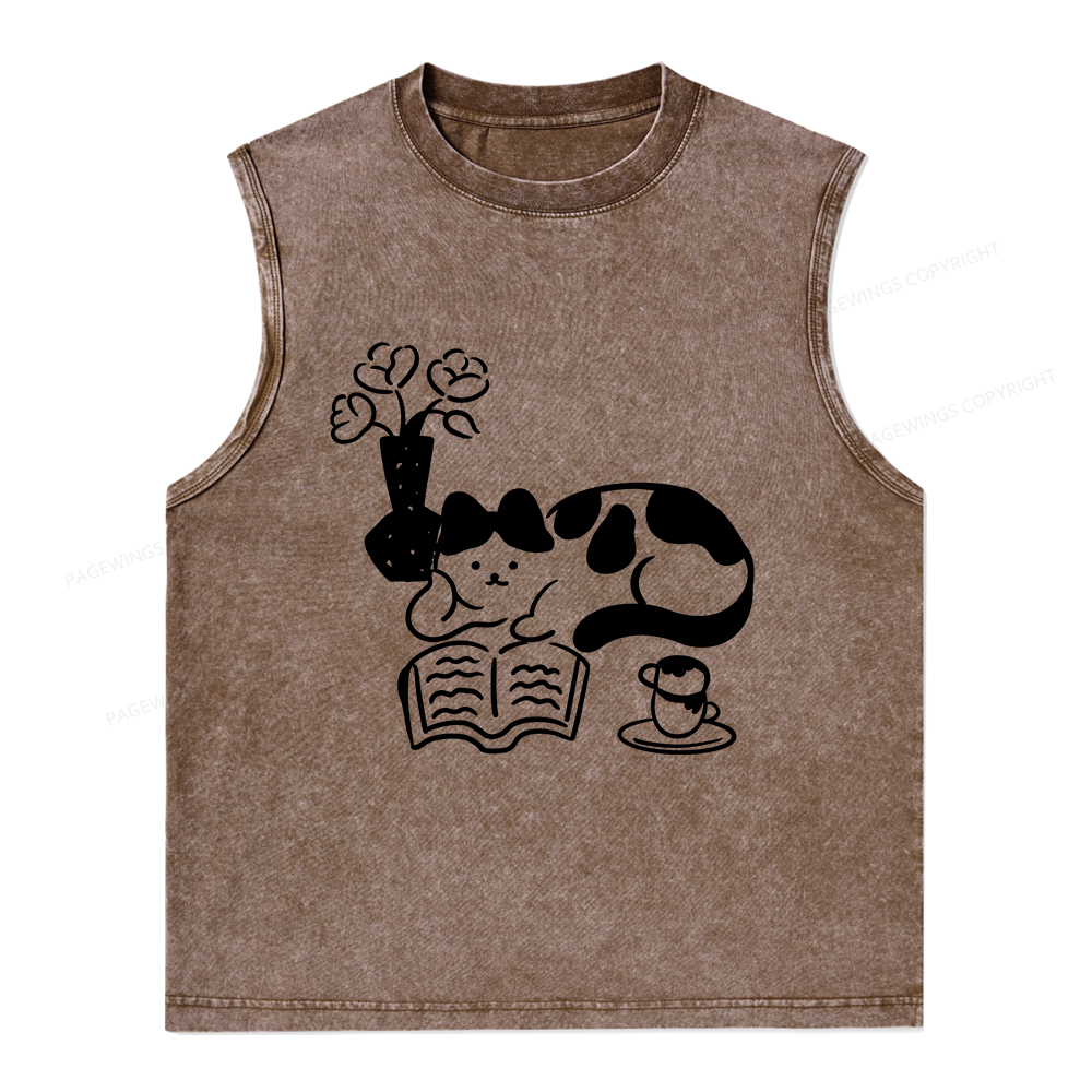 Pagewings The Cat Who Loves Reading Unisex Washed Tank Top