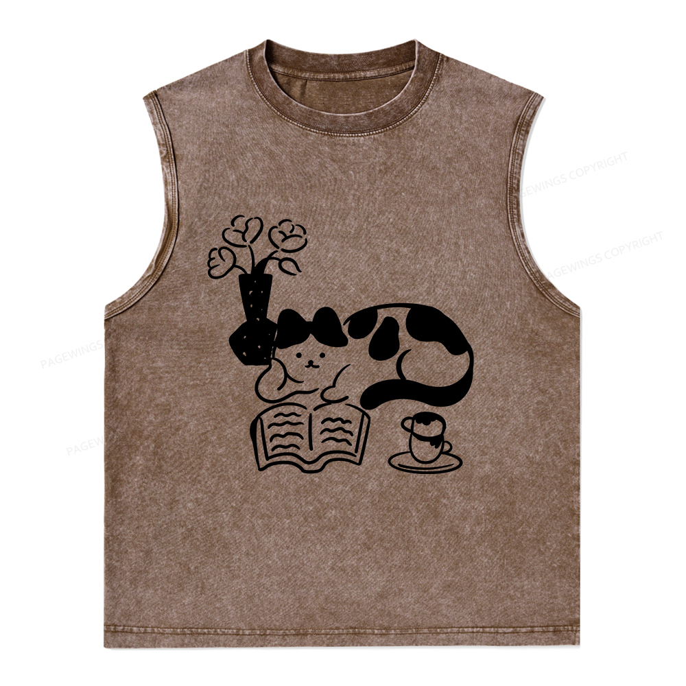 Pagewings The Cat Who Loves Reading Unisex Washed Tank Top