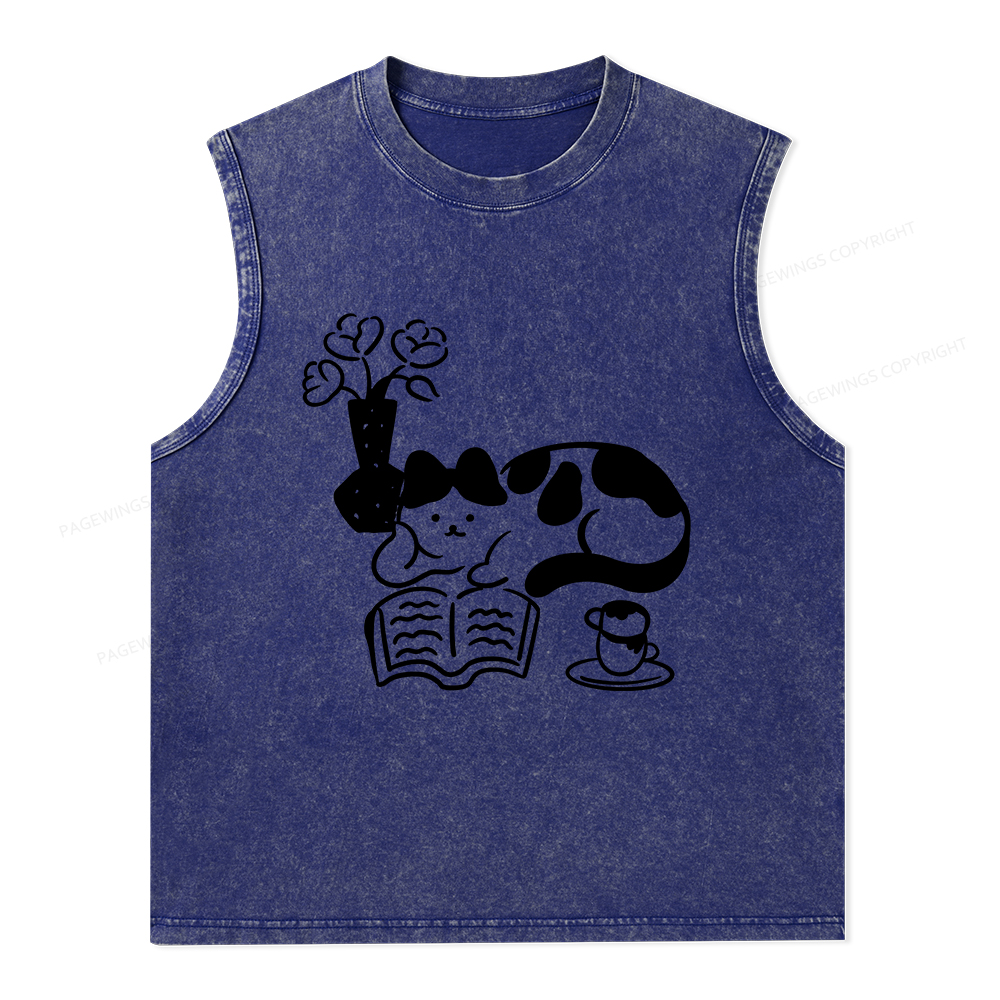 Pagewings The Cat Who Loves Reading Unisex Washed Tank Top
