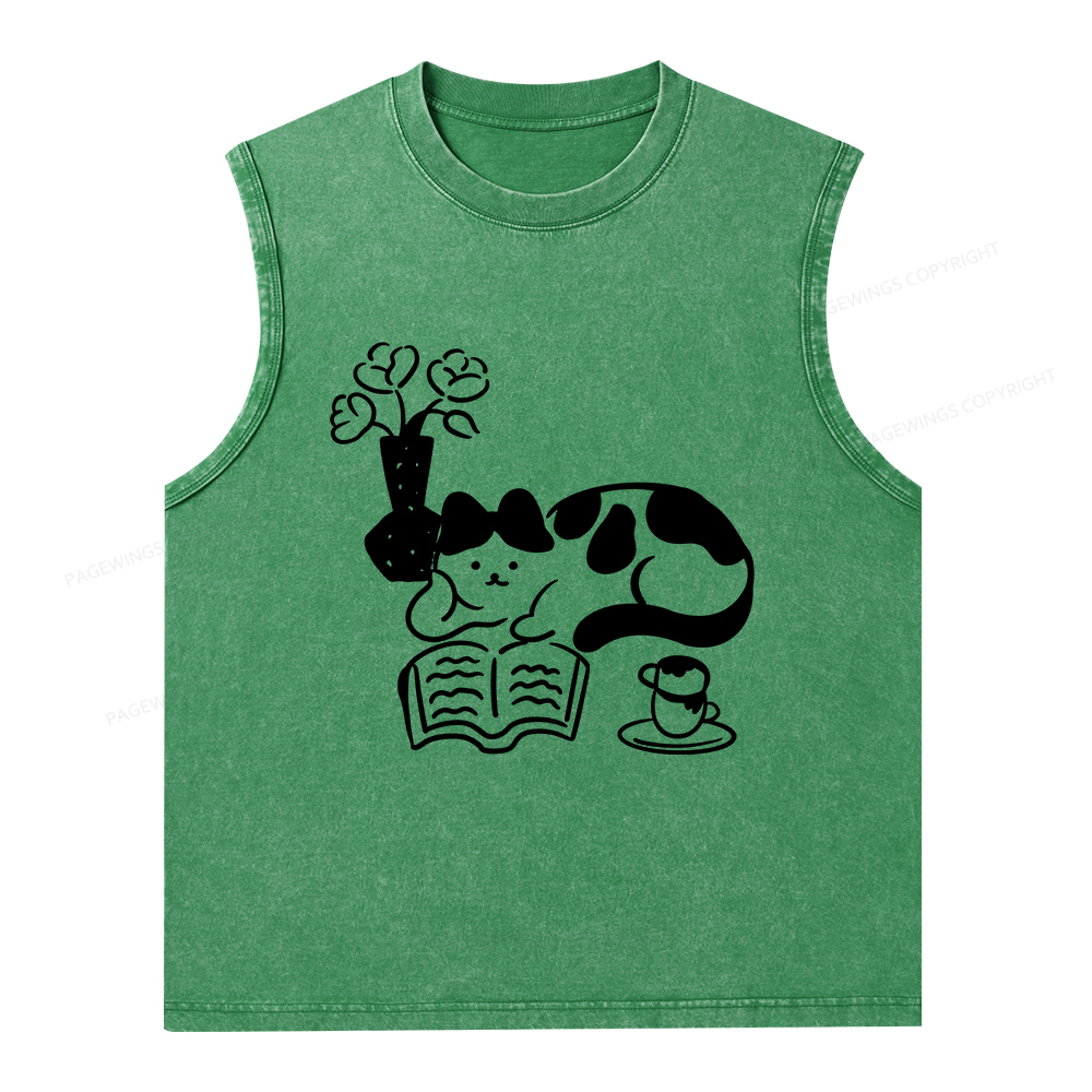 Pagewings The Cat Who Loves Reading Unisex Washed Tank Top