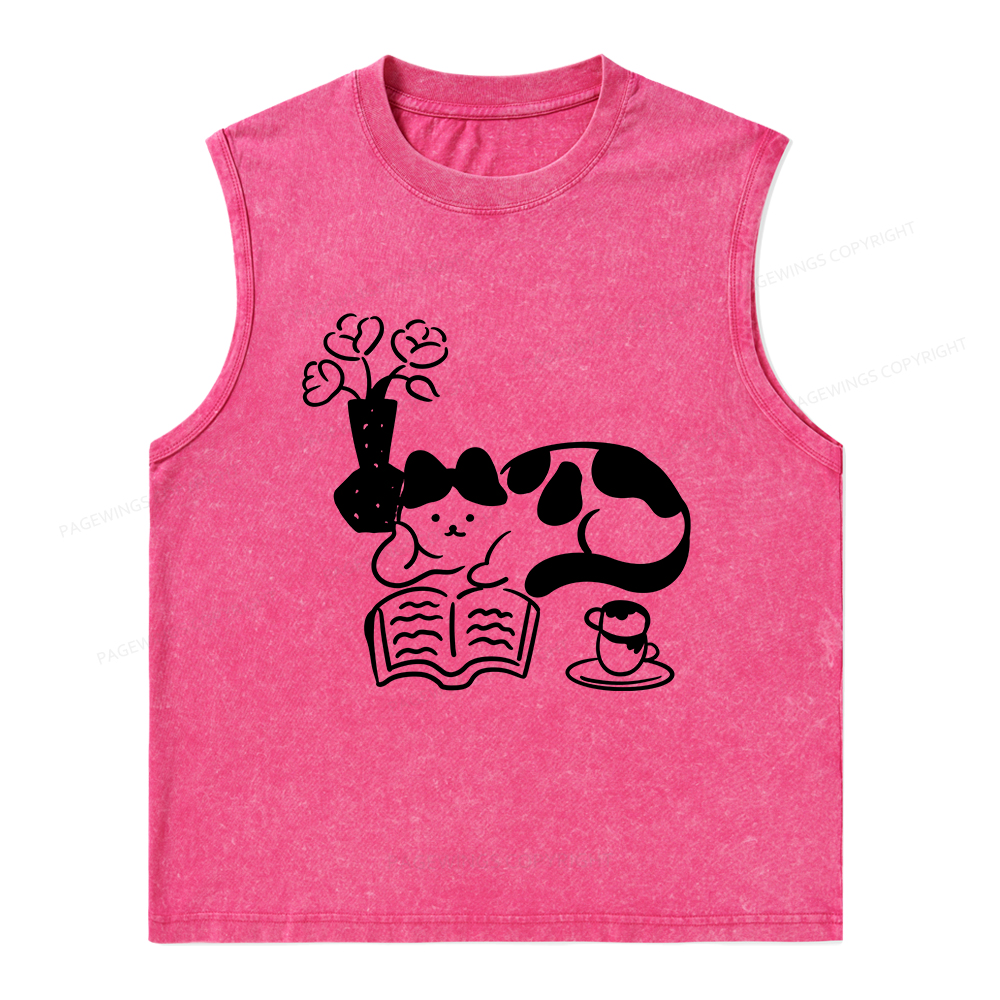 Pagewings The Cat Who Loves Reading Unisex Washed Tank Top