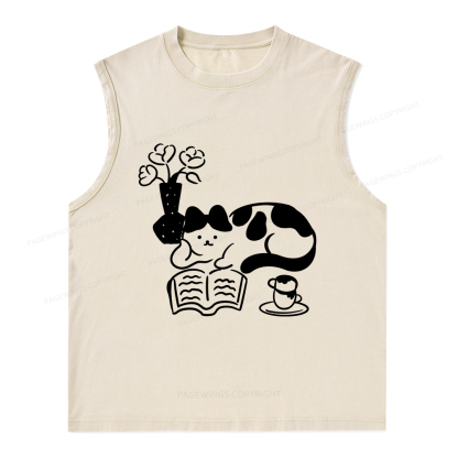 Pagewings The Cat Who Loves Reading Unisex Washed Tank Top