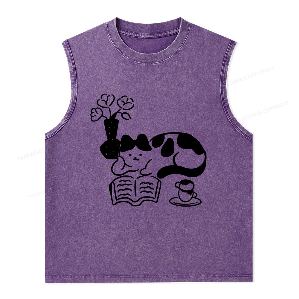 Pagewings The Cat Who Loves Reading Unisex Washed Tank Top