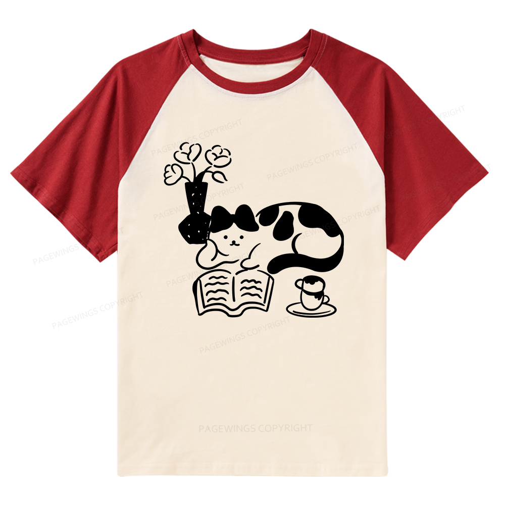Pagewings The Cat Who Loves Reading Raglan T-shirt