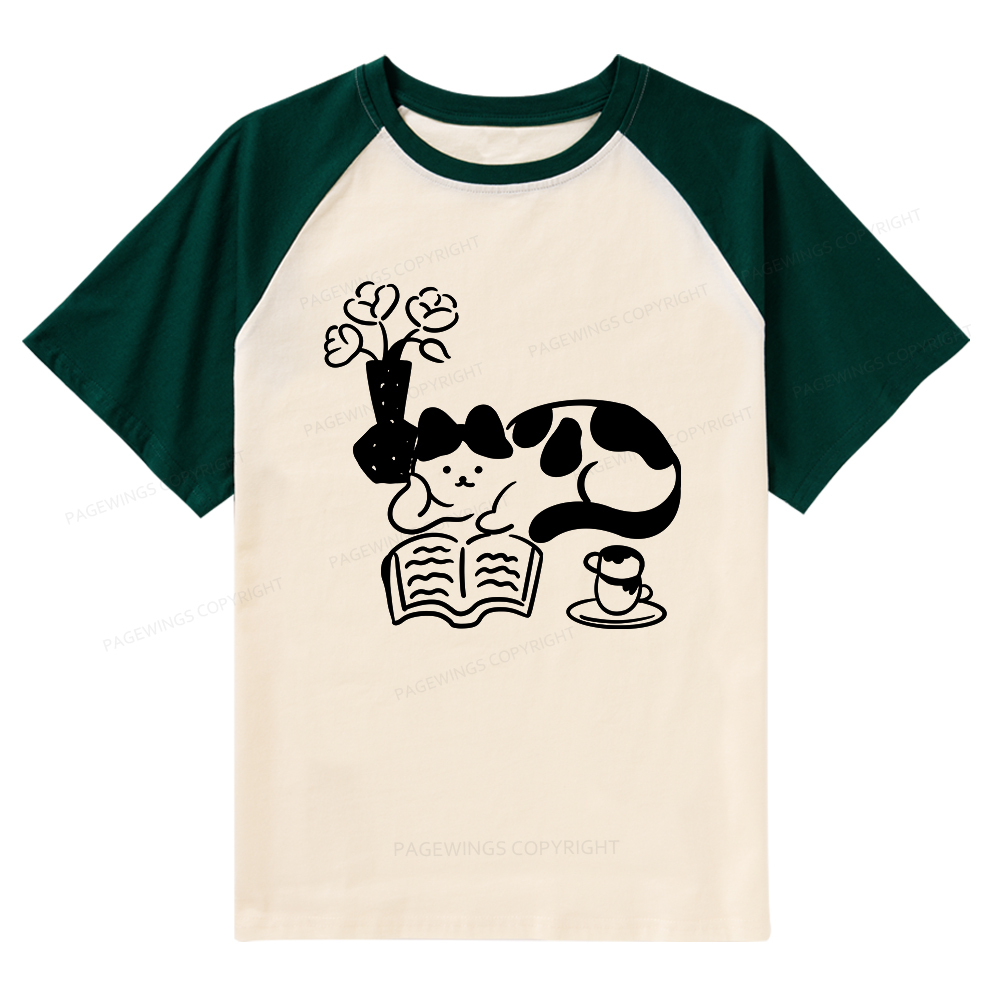 Pagewings The Cat Who Loves Reading Raglan T-shirt