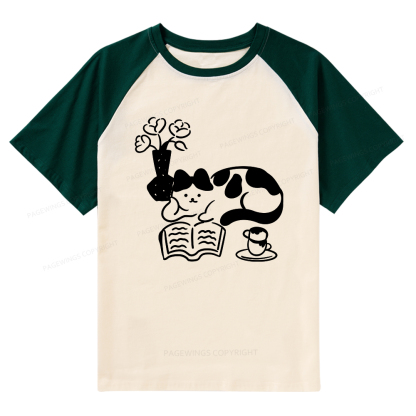Pagewings The Cat Who Loves Reading Raglan T-shirt