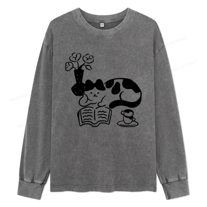 Pagewings The Cat Who Loves Reading Unisex Washed Long Sleeve T-shirt