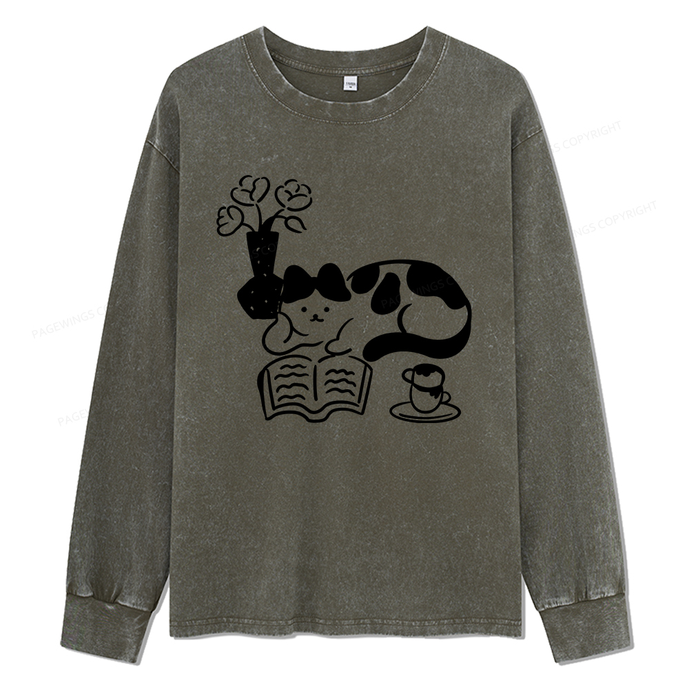 Pagewings The Cat Who Loves Reading Unisex Washed Long Sleeve T-shirt