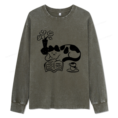 Pagewings The Cat Who Loves Reading Unisex Washed Long Sleeve T-shirt