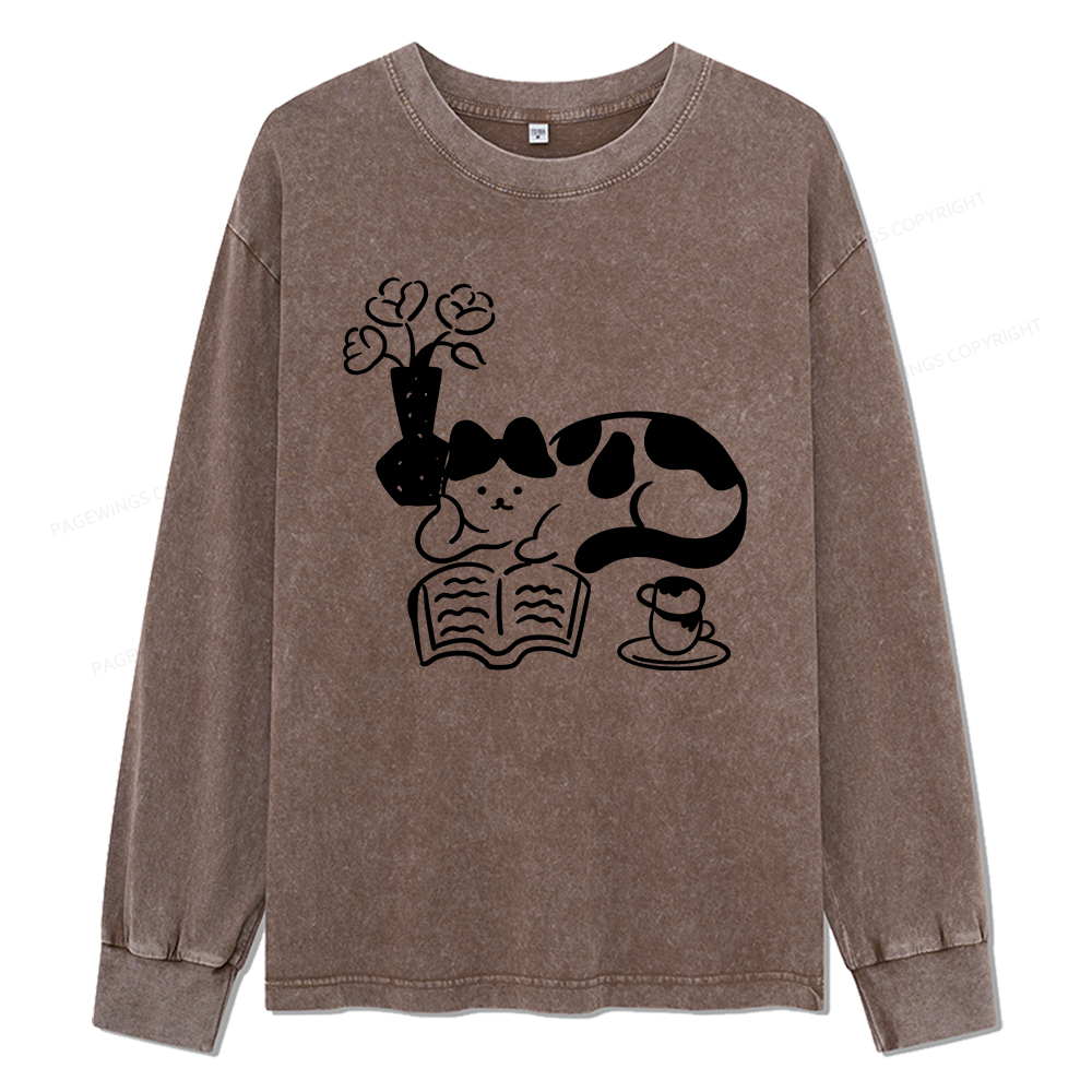 Pagewings The Cat Who Loves Reading Unisex Washed Long Sleeve T-shirt
