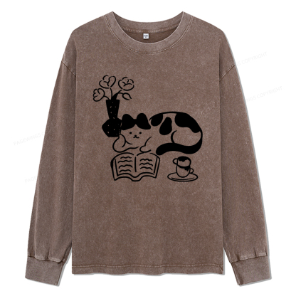 Pagewings The Cat Who Loves Reading Unisex Washed Long Sleeve T-shirt