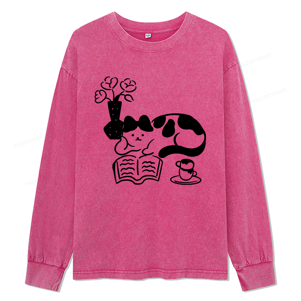 Pagewings The Cat Who Loves Reading Unisex Washed Long Sleeve T-shirt