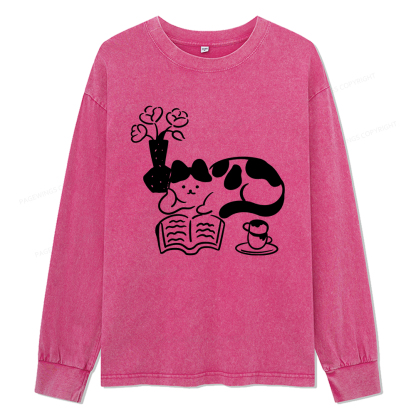 Pagewings The Cat Who Loves Reading Unisex Washed Long Sleeve T-shirt