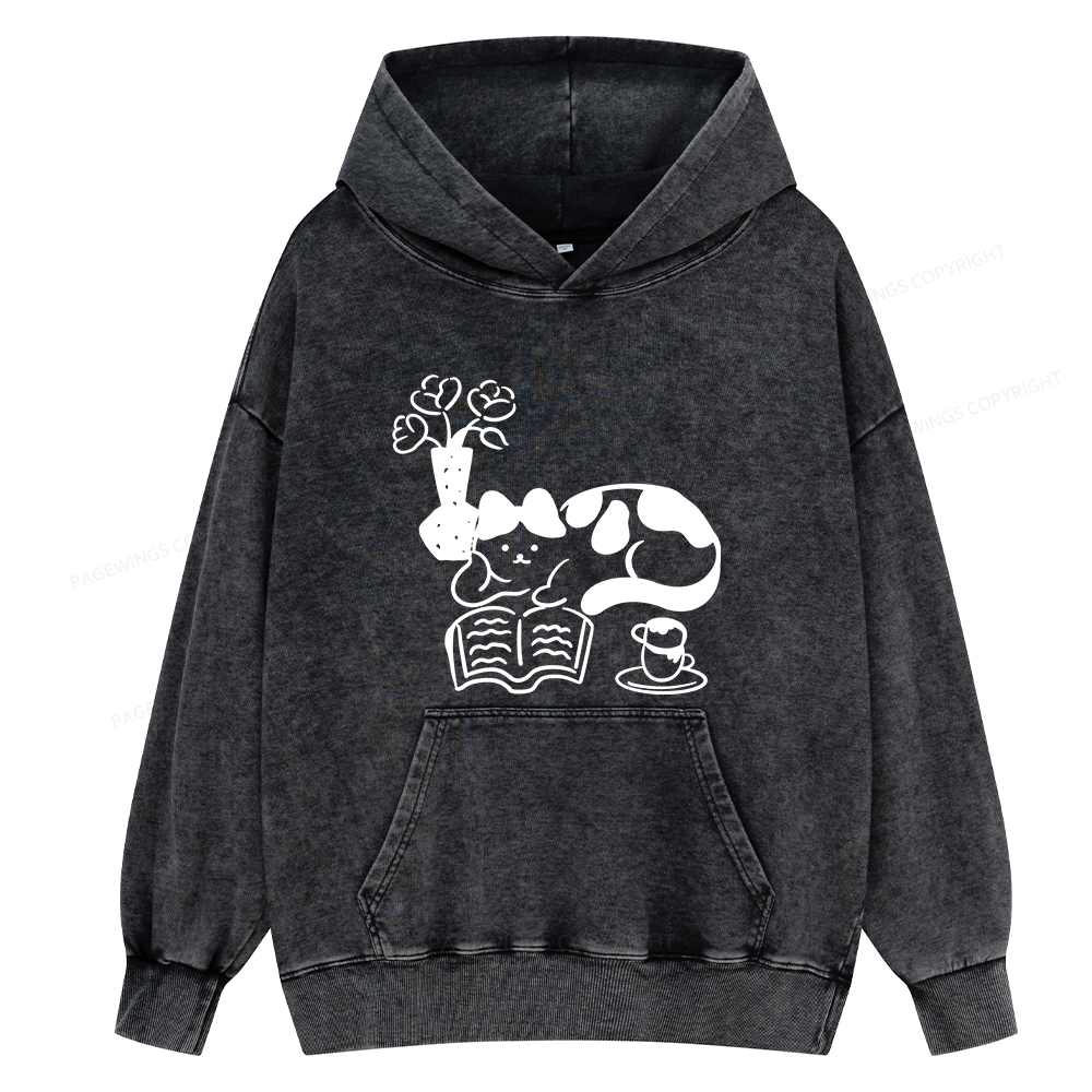Pagewings The Cat Who Loves Reading Unisex Washed Hoodie