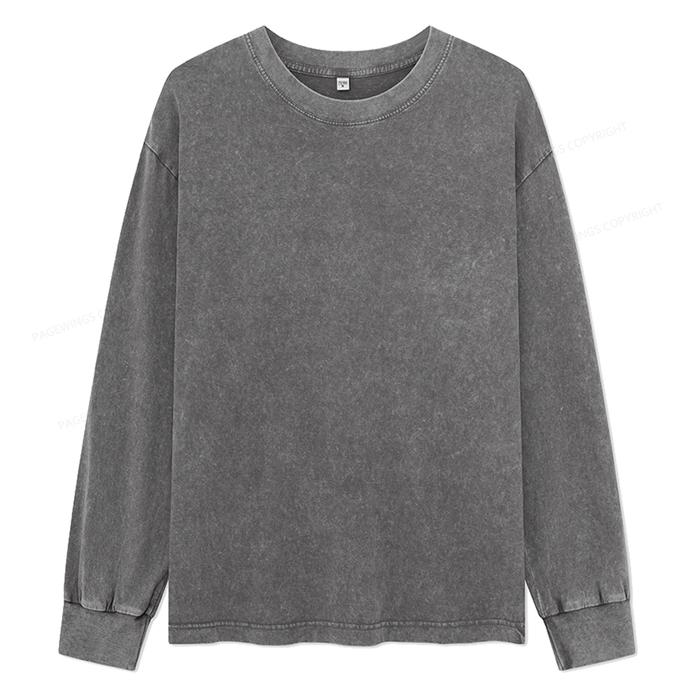 Pagewings Comfortable Solid Color Unisex Washed Long Sleeve T-shirt