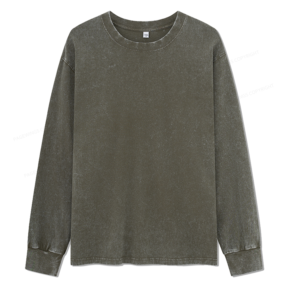Pagewings Comfortable Solid Color Unisex Washed Long Sleeve T-shirt