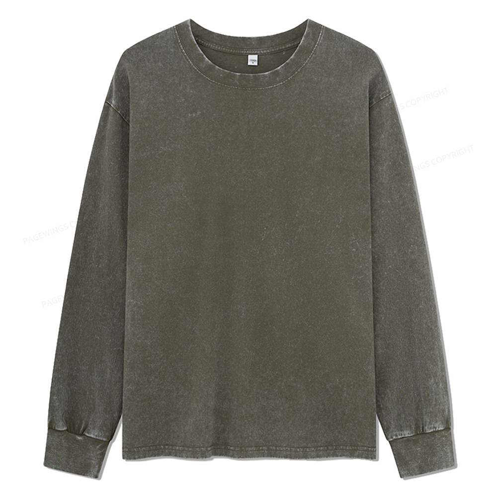Pagewings Comfortable Solid Color Unisex Washed Long Sleeve T-shirt