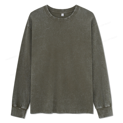 Pagewings Comfortable Solid Color Unisex Washed Long Sleeve T-shirt