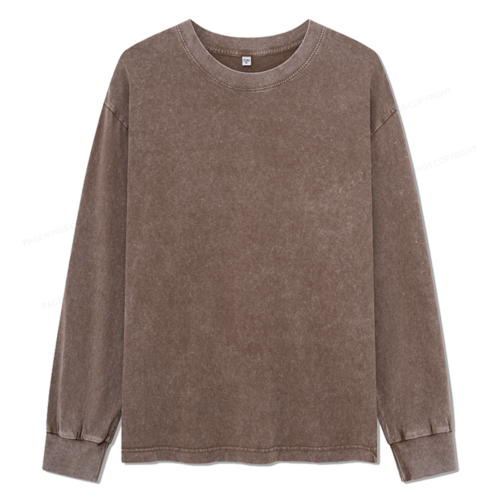 Pagewings Comfortable Solid Color Unisex Washed Long Sleeve T-shirt