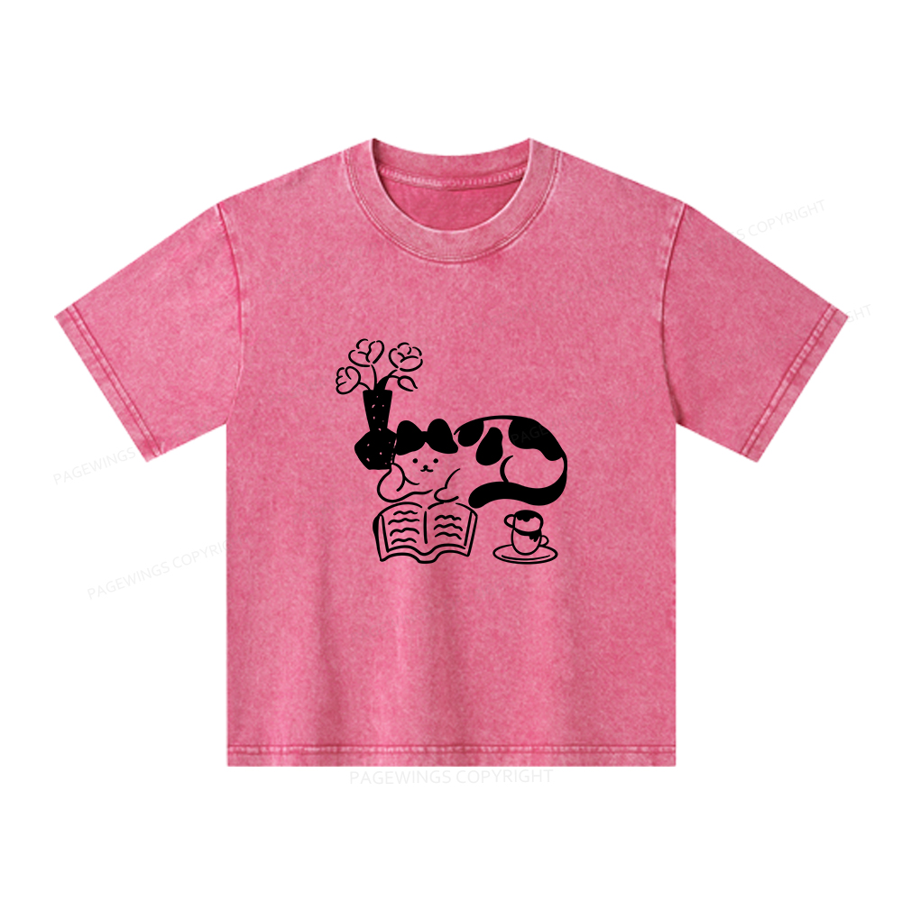 Pagewings The Cat Who Loves Reading Unisex Kids Washed T-shirt