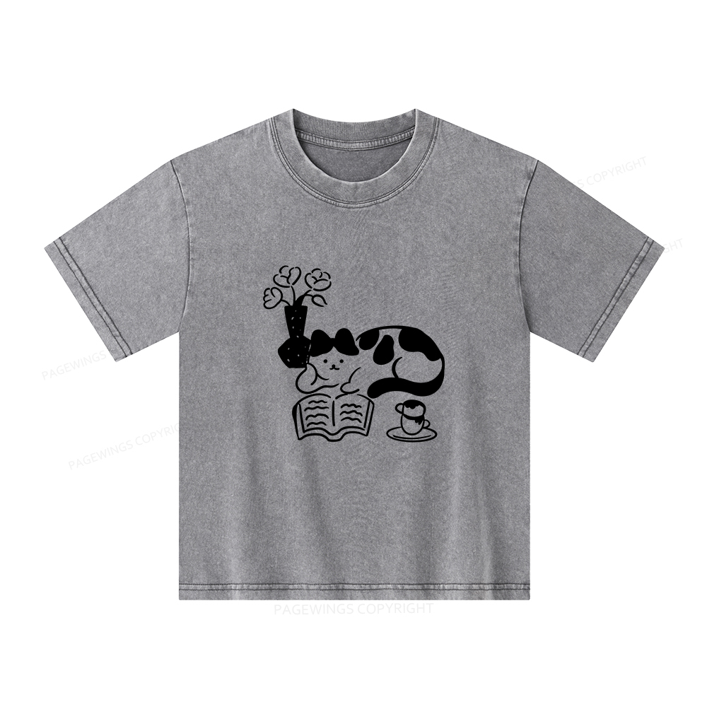 Pagewings The Cat Who Loves Reading Unisex Kids Washed T-shirt