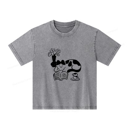 Pagewings The Cat Who Loves Reading Unisex Kids Washed T-shirt