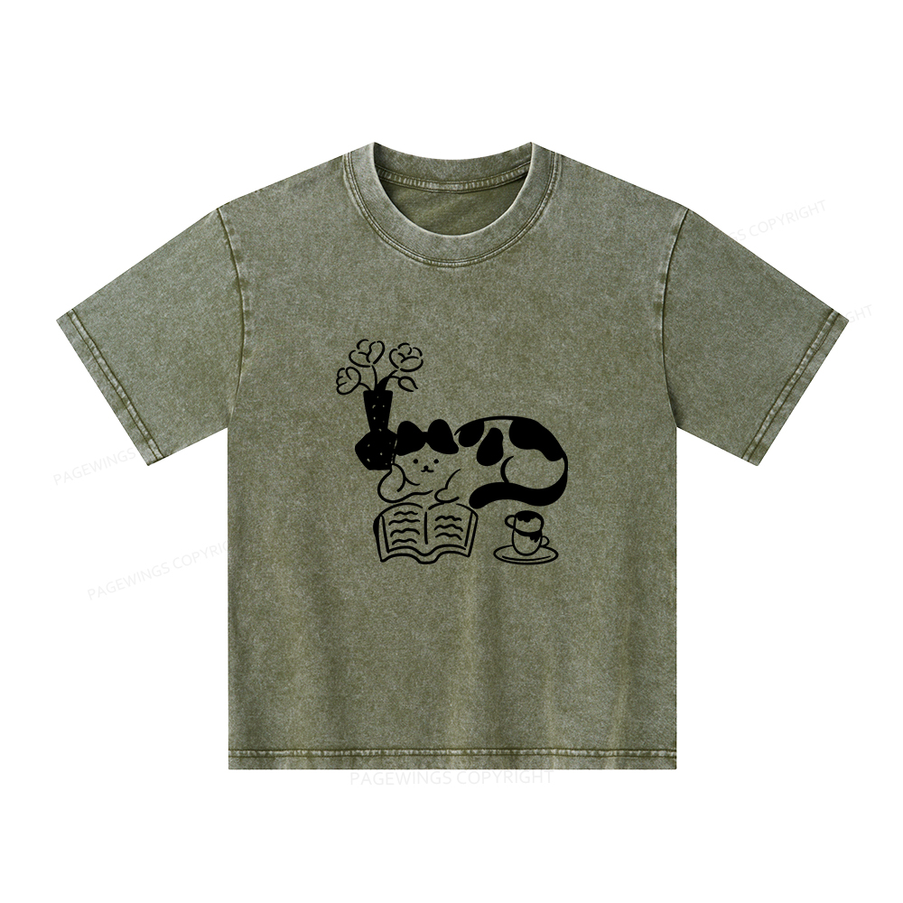 Pagewings The Cat Who Loves Reading Unisex Kids Washed T-shirt