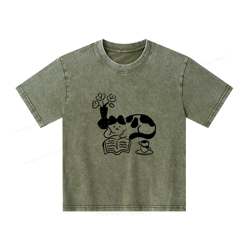 Pagewings The Cat Who Loves Reading Unisex Kids Washed T-shirt