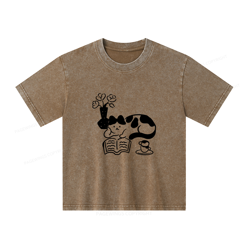 Pagewings The Cat Who Loves Reading Unisex Kids Washed T-shirt