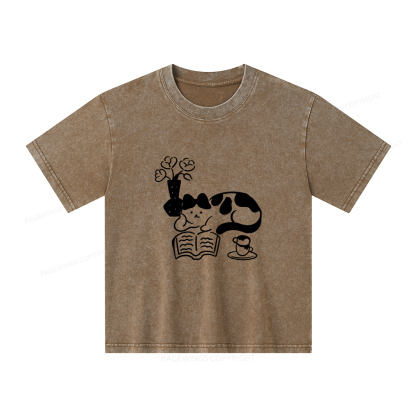 Pagewings The Cat Who Loves Reading Unisex Kids Washed T-shirt