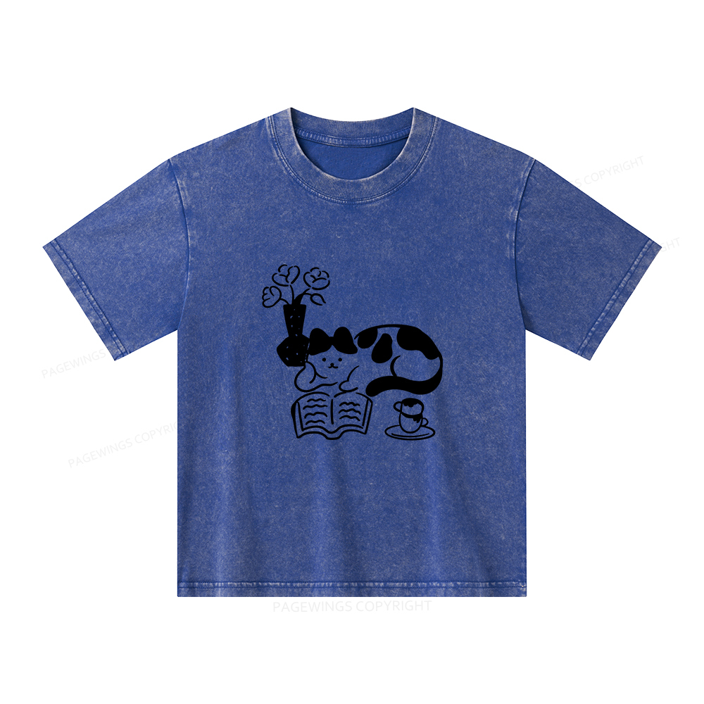 Pagewings The Cat Who Loves Reading Unisex Kids Washed T-shirt