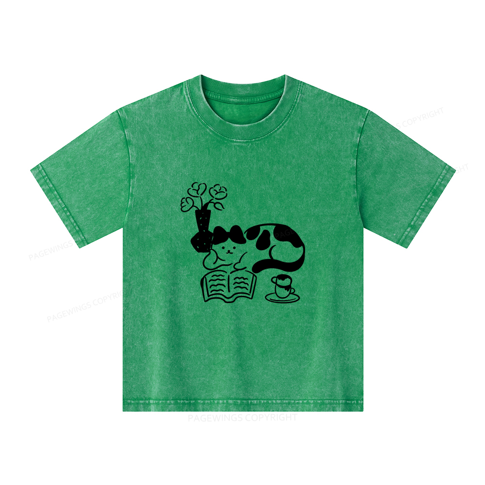 Pagewings The Cat Who Loves Reading Unisex Kids Washed T-shirt
