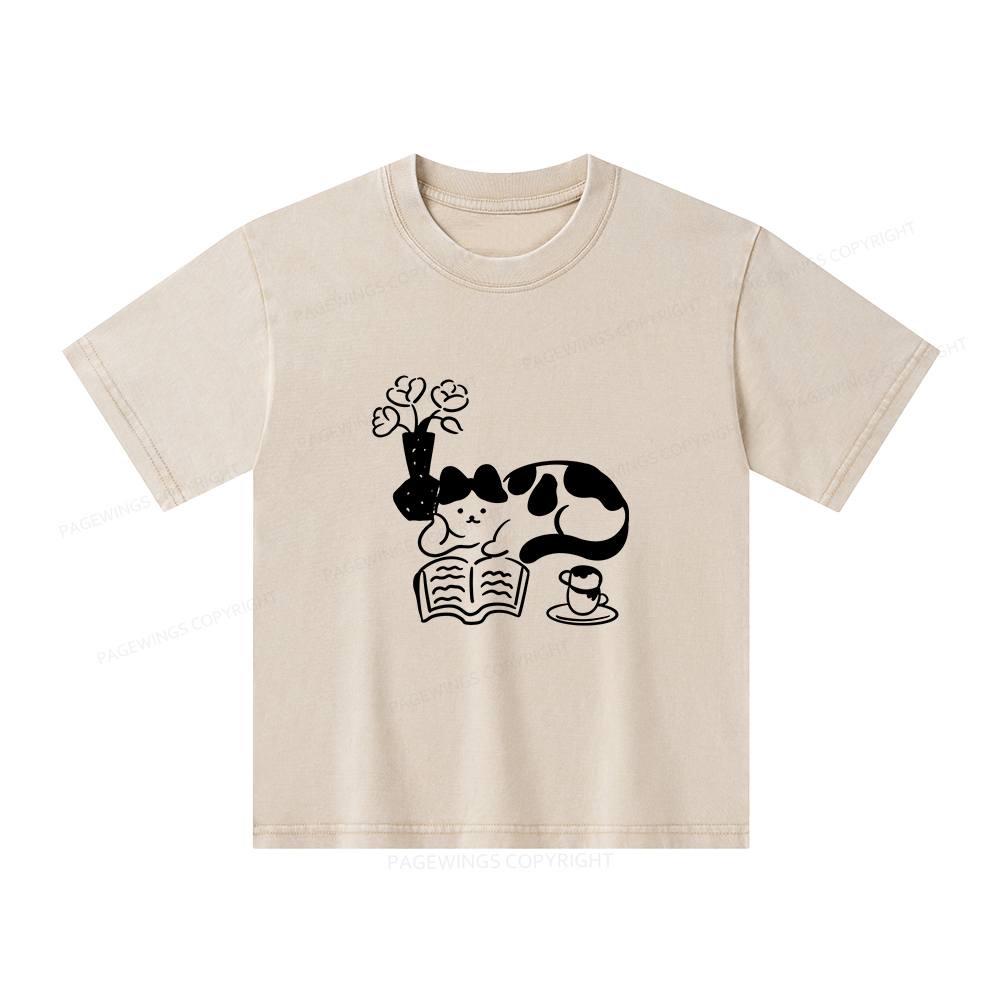 Pagewings The Cat Who Loves Reading Unisex Kids Washed T-shirt