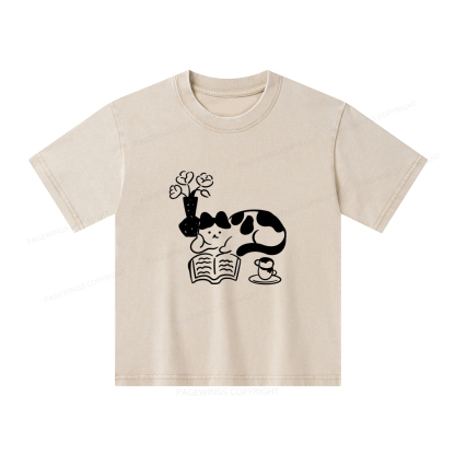 Pagewings The Cat Who Loves Reading Unisex Kids Washed T-shirt