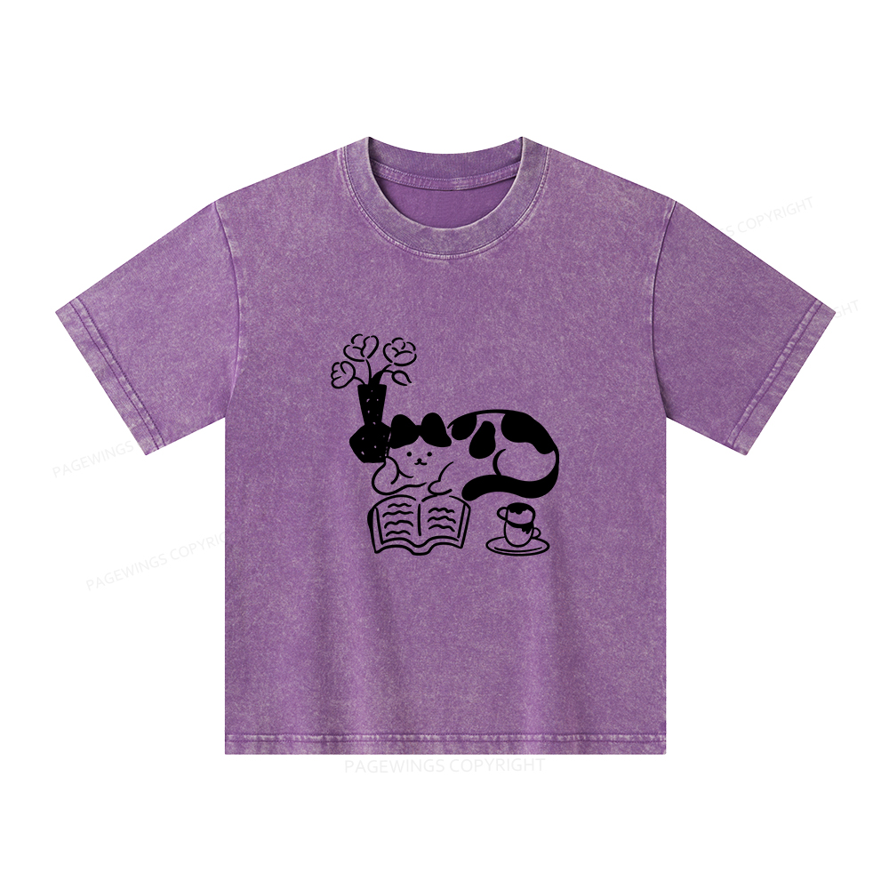 Pagewings The Cat Who Loves Reading Unisex Kids Washed T-shirt