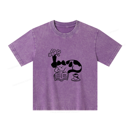Pagewings The Cat Who Loves Reading Unisex Kids Washed T-shirt