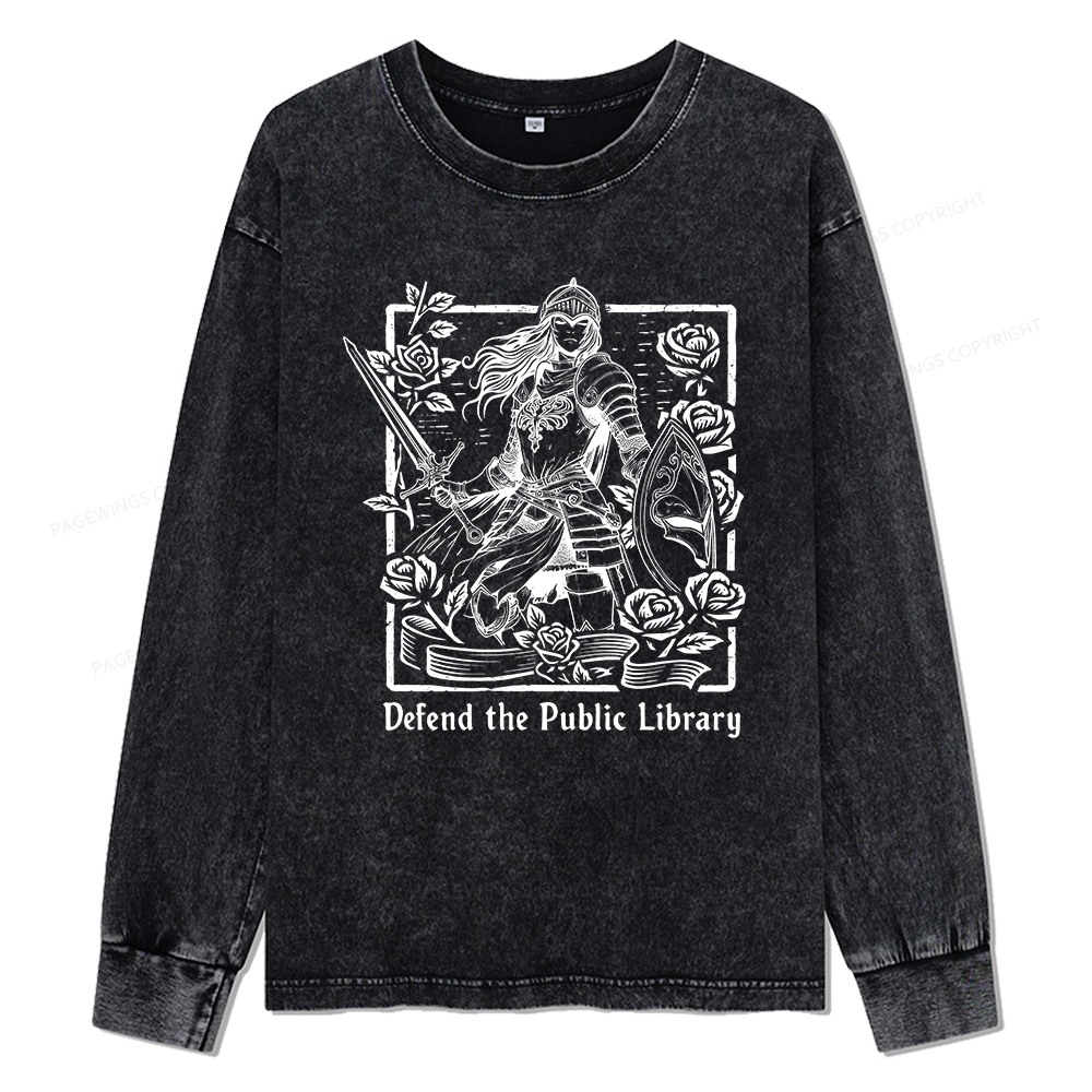 Pagewings Defend The Public Library Unisex Washed Long Sleeve T-shirt
