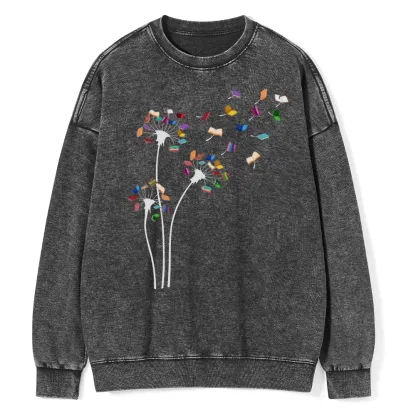 Pagewings Cute Dandelion Books Flower Fly Unisex Washed Sweatshirt