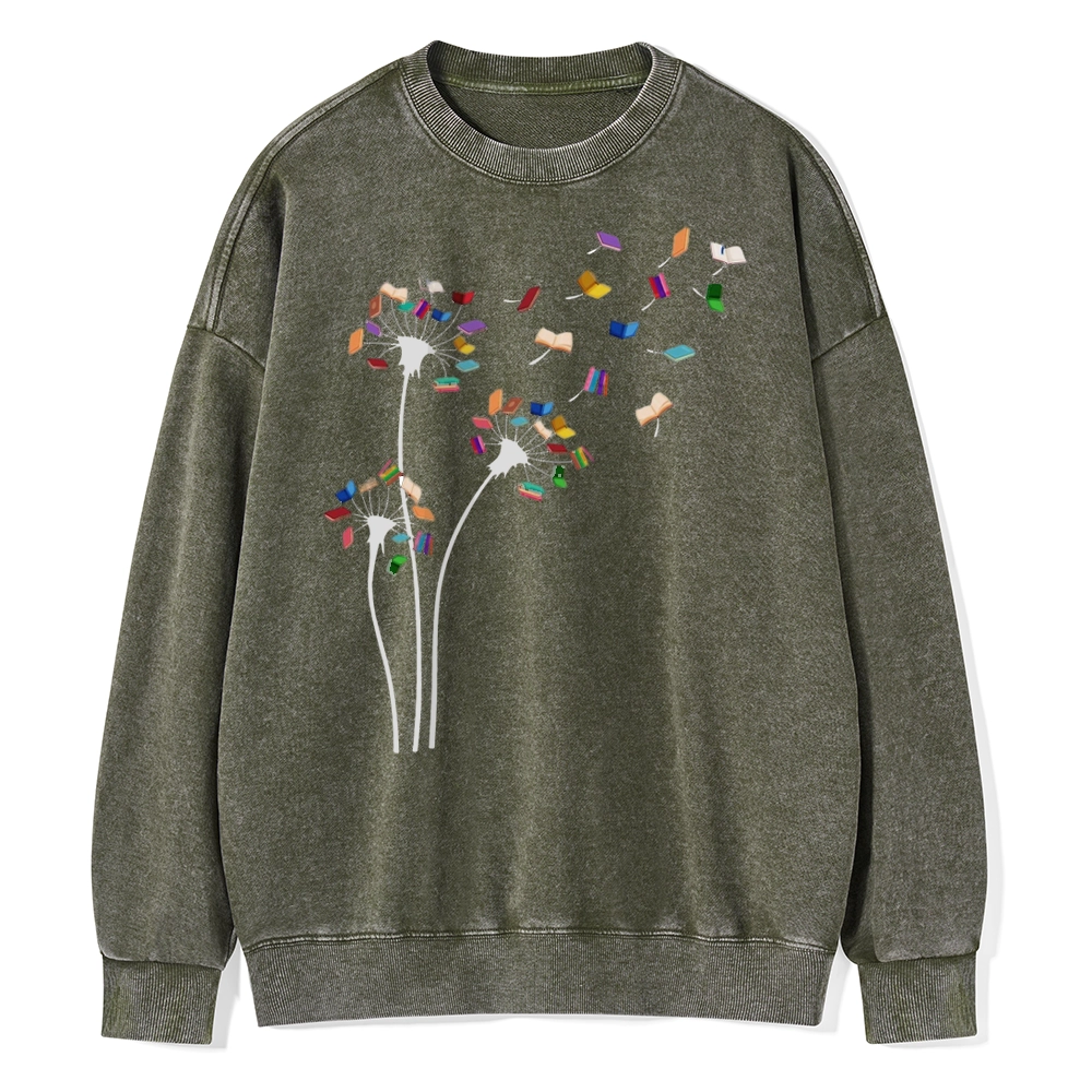 Pagewings Cute Dandelion Books Flower Fly Unisex Washed Sweatshirt
