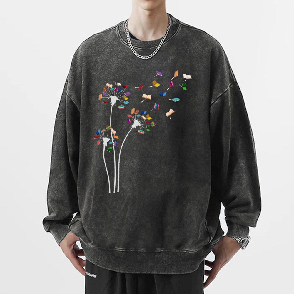 Pagewings Cute Dandelion Books Flower Fly Unisex Washed Sweatshirt
