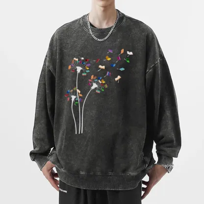 Pagewings Cute Dandelion Books Flower Fly Unisex Washed Sweatshirt