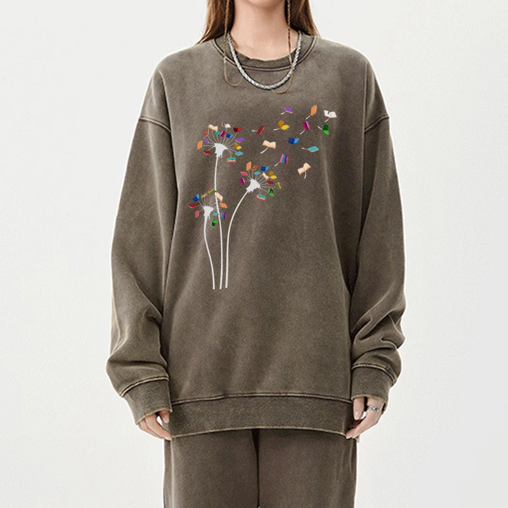 Pagewings Cute Dandelion Books Flower Fly Unisex Washed Sweatshirt