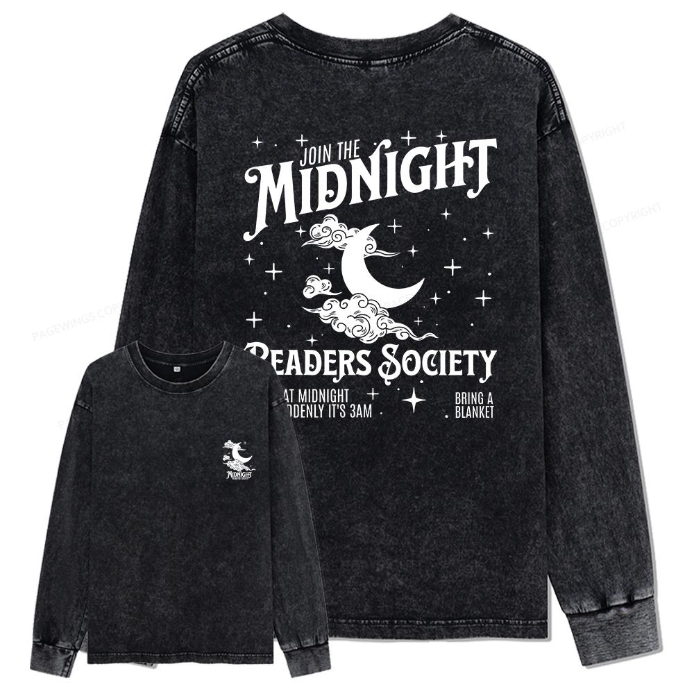 Pagewings Late Night Readers Book Club Unisex Washed Long Sleeve T-shirt