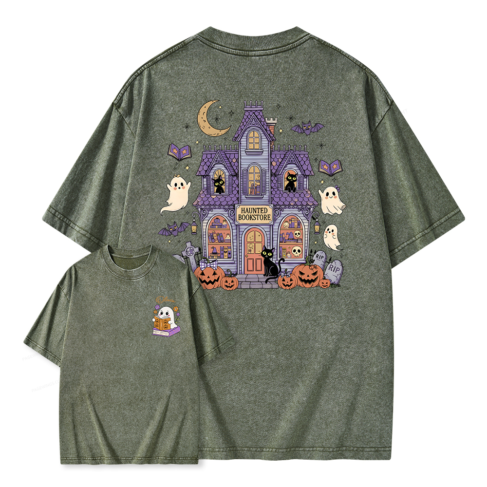 Pagewings Personalized Name Haunted Bookstore Unisex Washed T-shirt